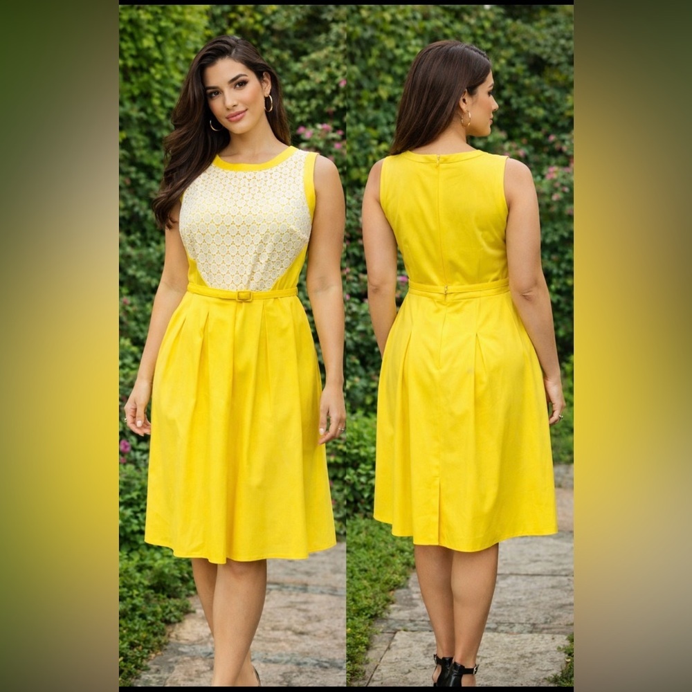 London Times A  Line Dress 12 Yellow White Stretch Cotton Career Church